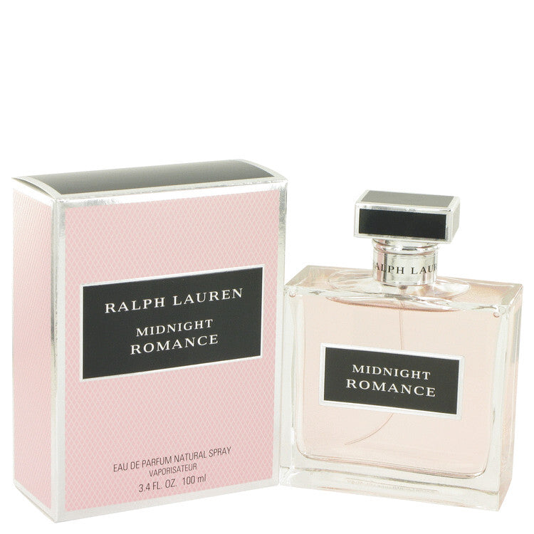 Midnight Romance by Ralph Lauren 3.4 oz Eau De Parfum bottle with elegant design and dark floral accents.