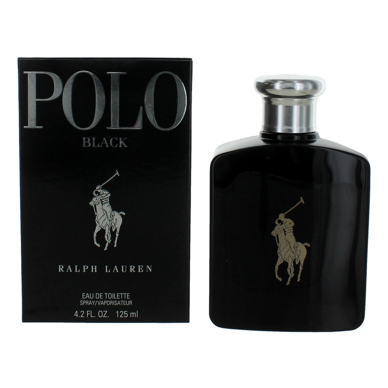 Ralph Lauren Polo Black men's 4.2 oz Eau De Toilette spray bottle with black and silver packaging.