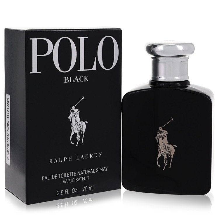 Ralph Lauren Polo Black Eau De Toilette spray for men, 2.5 oz bottle with black and silver design.