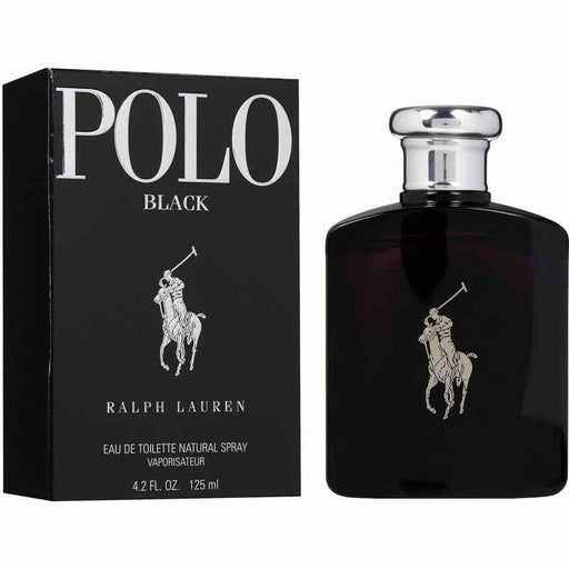Ralph Lauren Polo Black Eau de Toilette spray for men, 4.2 oz bottle with sleek black design and Ralph Lauren branding.