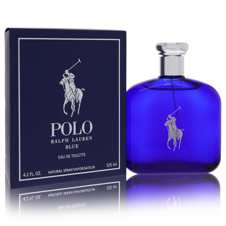 Ralph Lauren Polo Blue Eau De Toilette spray for men, 4.2 oz bottle, featuring a sleek blue design and Ralph Lauren branding.