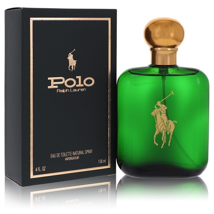 Polo by Ralph Lauren Eau De Toilette cologne spray bottle, 4 oz, featuring classic green packaging and iconic polo player logo.