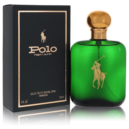 Polo by Ralph Lauren Eau De Toilette cologne spray bottle, 4 oz, featuring classic green packaging and iconic polo player logo.