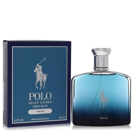 Ralph Lauren Polo Deep Blue men's parfum spray 4.2 oz bottle, sleek navy blue design with gold accents, positioned on a neutral background.