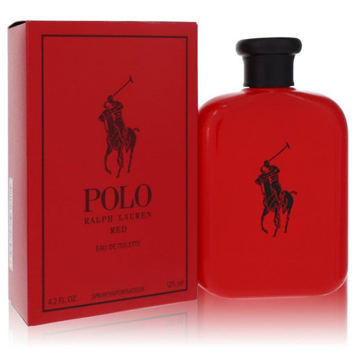 Ralph Lauren Polo Red Eau De Toilette spray for men, 4.2 oz bottle, with red and black packaging and Ralph Lauren branding.