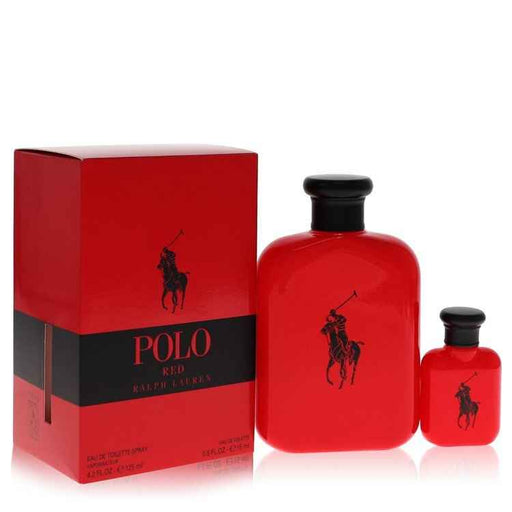 Ralph Lauren Polo Red gift set for men with cologne, aftershave, and grooming products in stylish packaging.