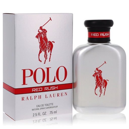 Ralph Lauren Polo Red Rush Eau De Toilette spray for men, 2.5 oz bottle with red cap and sleek design.