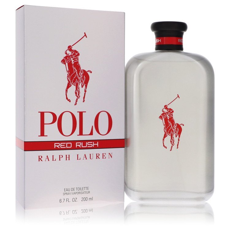 Polo Red Rush Eau De Toilette Spray 6.7 oz by Ralph Lauren, featuring a bold red bottle design for men.
