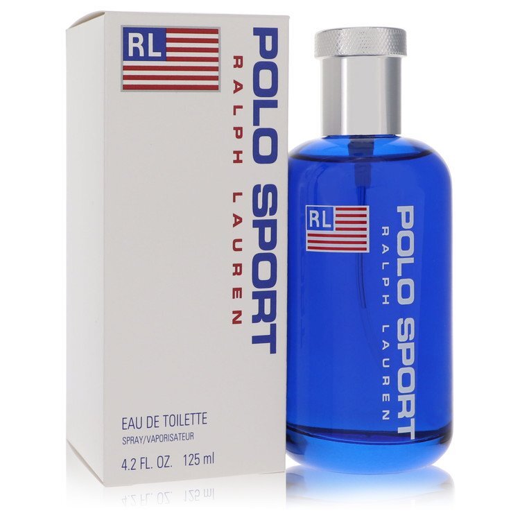 Ralph Lauren Polo Sport Eau De Toilette spray for men, 4.2 oz bottle with a sleek, classic design and blue cap.