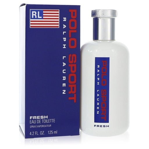 Ralph Lauren Polo Sport Eau de Toilette spray for men, 4.2 oz bottle with a sleek design and blue accents.