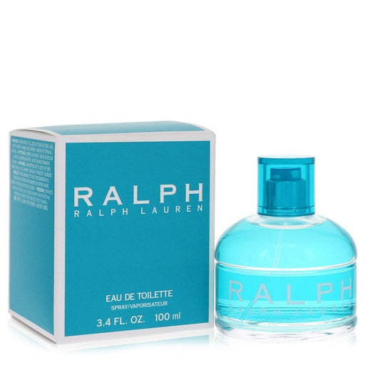 Ralph Lauren Eau De Toilette Spray 3.4 oz for women in a clear bottle with a pink cap, showcasing the floral fragrance.