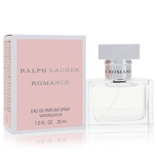 Romance by Ralph Lauren 1 oz Eau De Parfum Spray for women, elegant bottle with floral design on a soft background.
