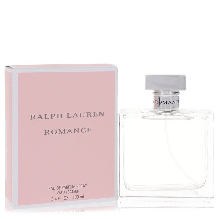 Ralph Lauren Romance Eau De Parfum spray for women, 3.4 oz bottle with elegant floral design on the packaging.