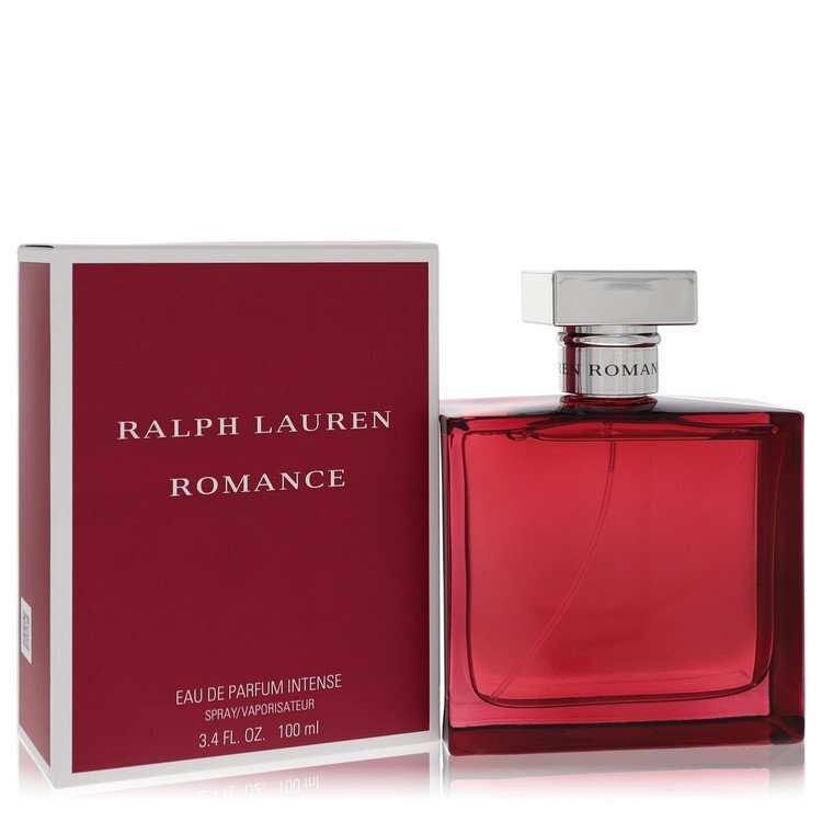 Ralph Lauren Romance Intense Eau De Parfum Spray 3.4 oz bottle with elegant design and floral accents.