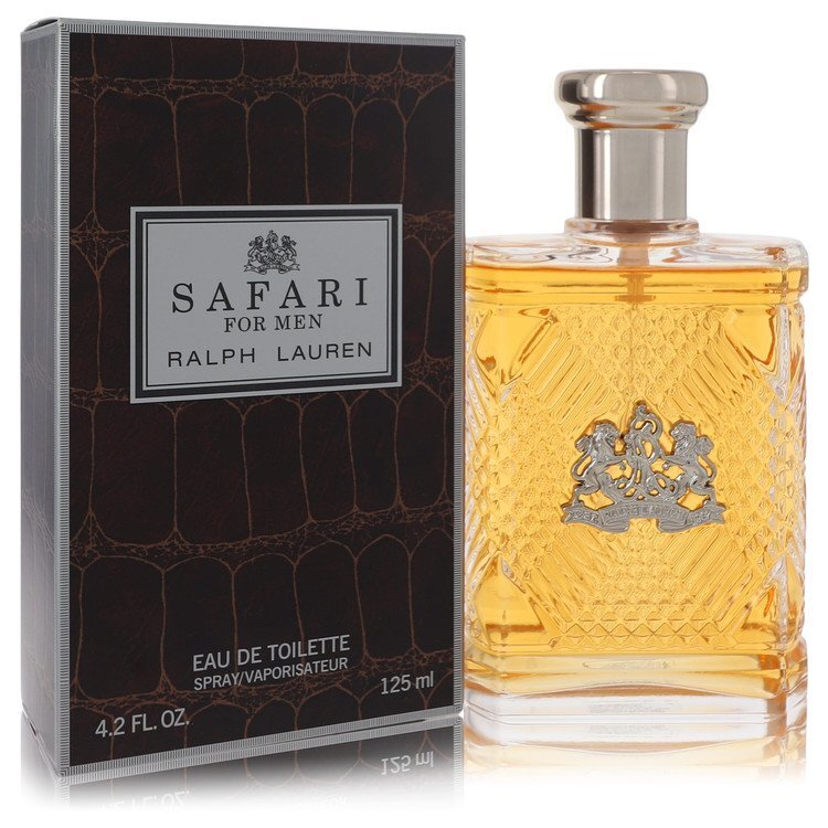 Ralph Lauren Safari Eau De Toilette Spray 4.2 oz bottle for men, showcasing a sleek design and natural colors.