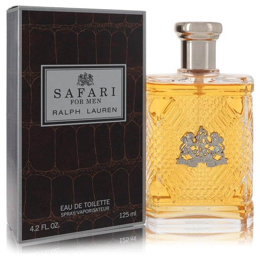 Ralph Lauren Safari Eau De Toilette Spray 4.2 oz bottle for men, showcasing a sleek design and natural colors.