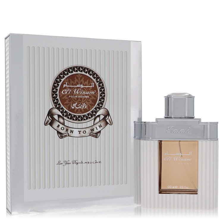Al Wisam Day Born To Win Eau De Parfum Spray for men, 3.33 oz bottle with a sleek design featuring Rasasi branding.