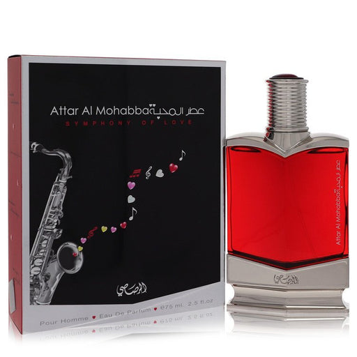 Attar Al Mohabba by Rasasi Eau De Parfum spray for men, 2.5 oz, featuring elegant branding and luxurious fragrance packaging.