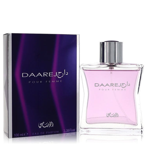 Daarej by Rasasi Eau De Parfum Spray 3.38 oz for women in elegant bottle, showcasing its floral and fruity essence.