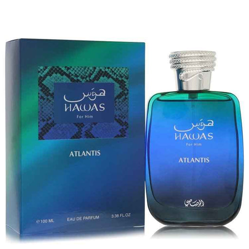Hawas Atlantis by Rasasi men's Eau De Parfum spray, 3.38 oz bottle, featuring a sleek design and aquatic-inspired fragrance.