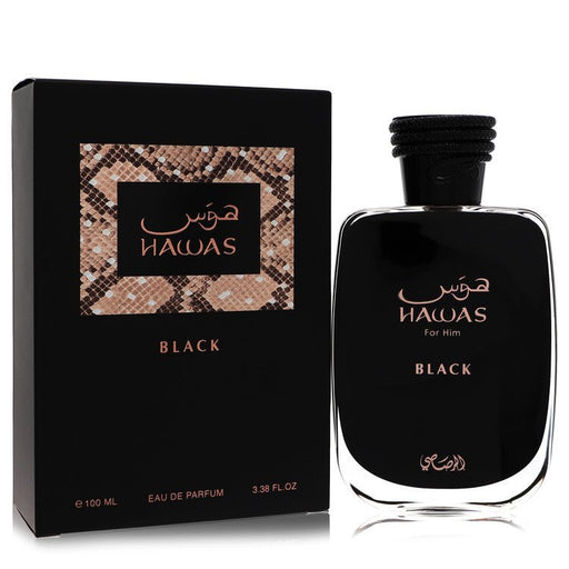 Hawas Black by Rasasi Eau De Parfum Spray 3.3 oz bottle with sleek black design for men.
