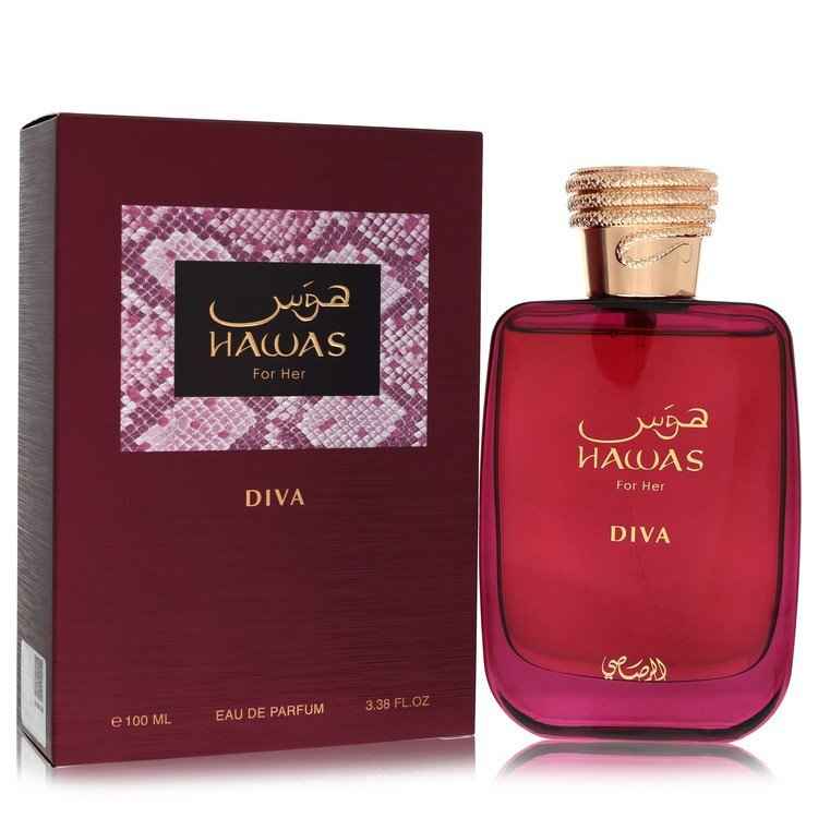 Hawas Diva by Rasasi Eau De Parfum spray for women, 3.38 oz, featuring elegant perfume bottle with floral accents