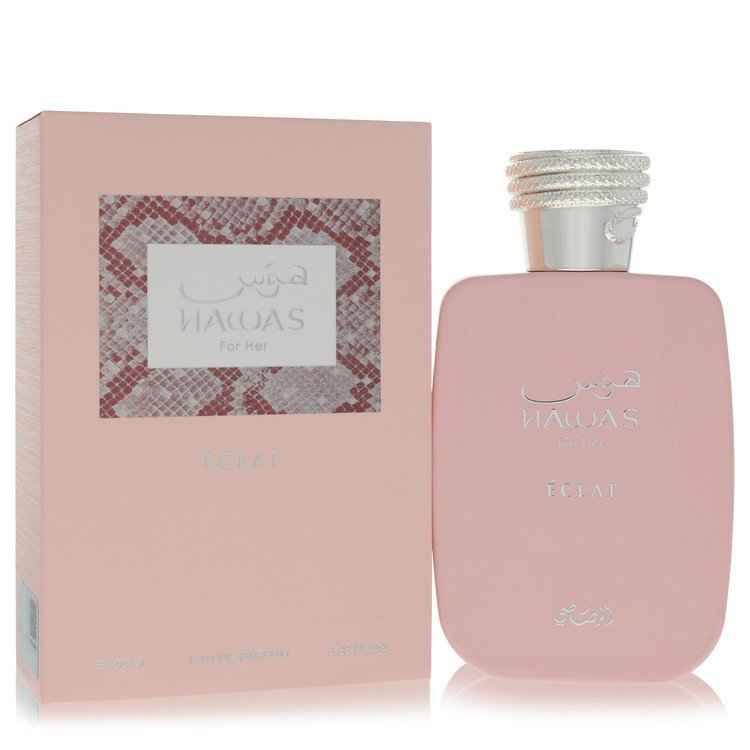Hawas Eclat by Rasasi Eau De Parfum spray for women, 3.38 oz, elegant perfume bottle with floral accents.