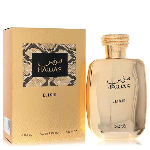 Rasasi Hawas Elixir Eau De Parfum spray bottle for men and unisex, 3.4 oz, with elegant packaging and branding.