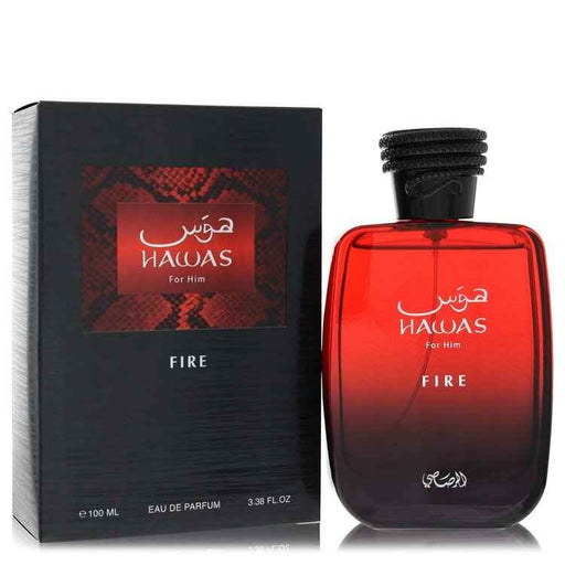 Rasasi Hawas Fire Eau De Parfum spray for men, 3.3 oz bottle, featuring a sleek design and bold fragrance.
