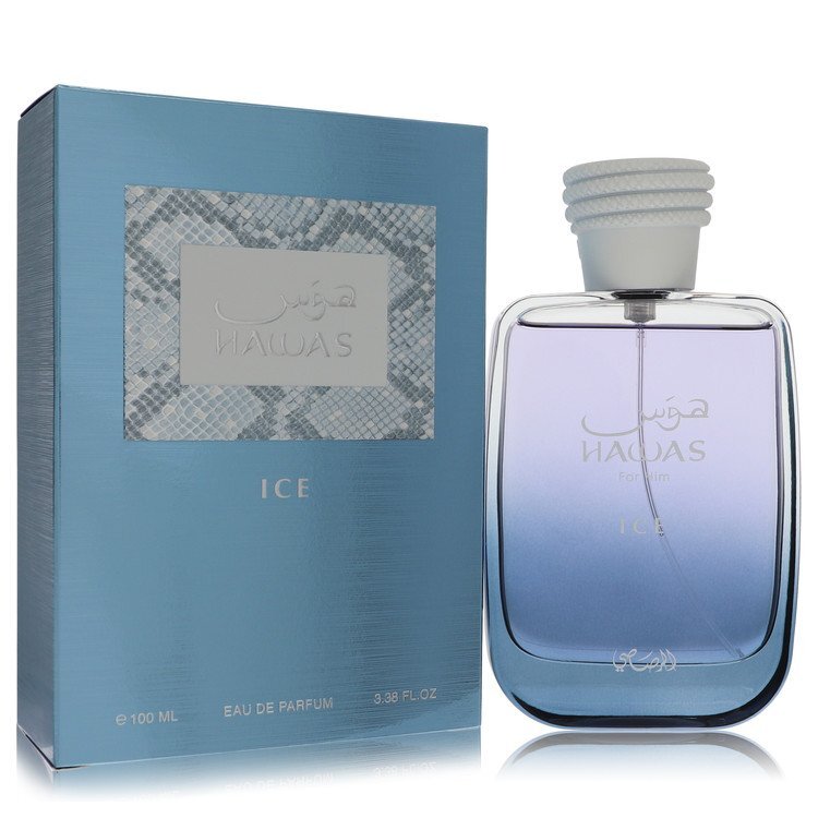 Hawas Ice by Rasasi 3.3 oz Eau De Parfum Spray for men with a sleek bottle design and refreshing fragrance.