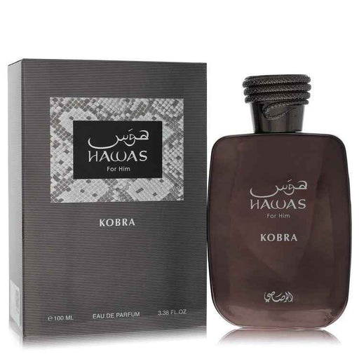Hawas Kobra by Rasasi Eau De Parfum spray for men, 3.38 oz, featuring a sleek bottle and modern fragrance design.