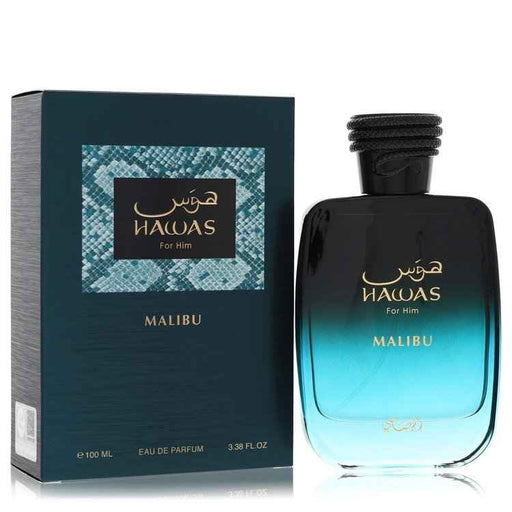 Rasasi Hawas Malibu Eau De Parfum spray for men in a 3.38 oz bottle, featuring a sleek design and vibrant blue accents.