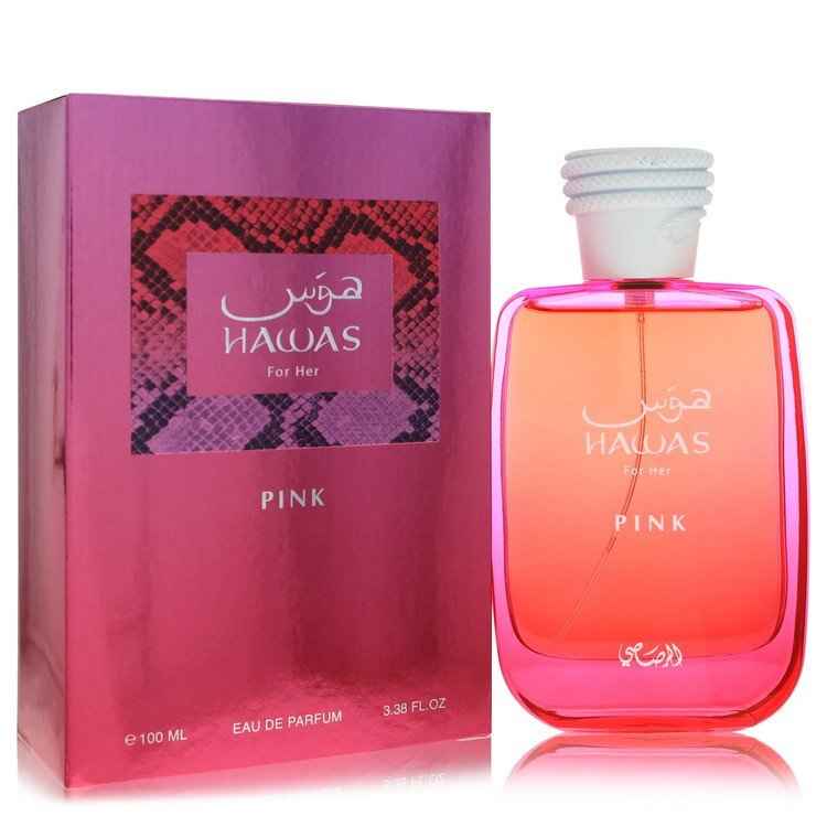 Rasasi Hawas Pink women's Eau De Parfum spray bottle, 3.38 oz, with pink perfume liquid and elegant packaging.