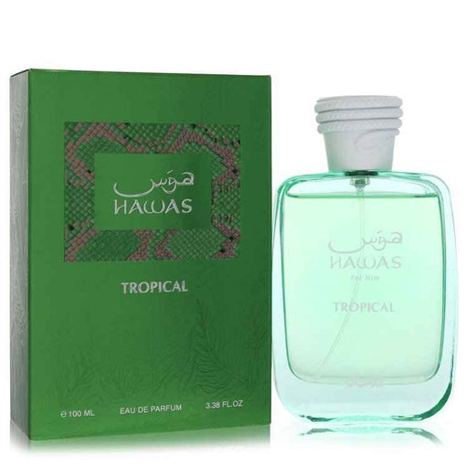 Rasasi Hawas Tropical Eau De Parfum spray for men, 3.38 oz bottle featuring a sleek design and vibrant tropical scent.