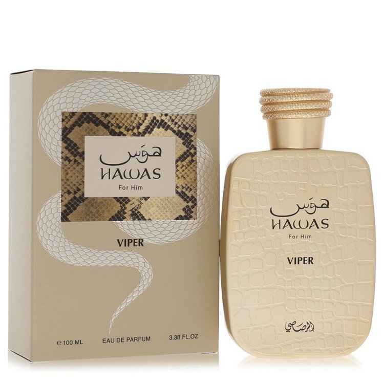 Rasasi Hawas Viper Eau De Parfum spray for men, 3.38 oz, featuring sleek bottle design and modern fragrance packaging
