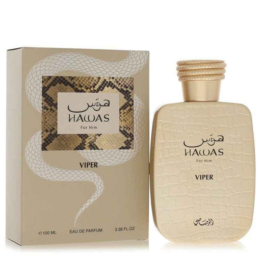 Rasasi Hawas Viper Eau De Parfum spray for men, 3.38 oz, featuring sleek bottle design and modern fragrance packaging