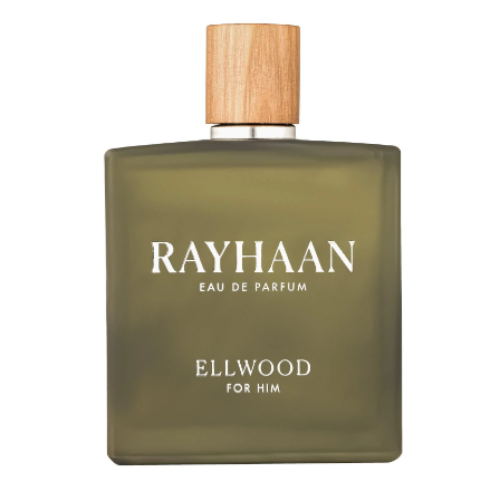 Ellwood by Rayhaan men's Eau De Parfum spray, 3.4 oz, featuring sleek bottle design and fresh, masculine fragrance.