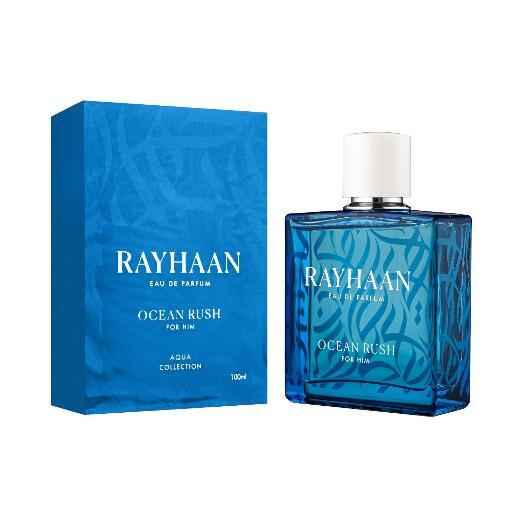 Rayhaan Ocean Rush Aqua men's cologne spray 3.4 oz bottle with a sleek design and ocean-inspired label.