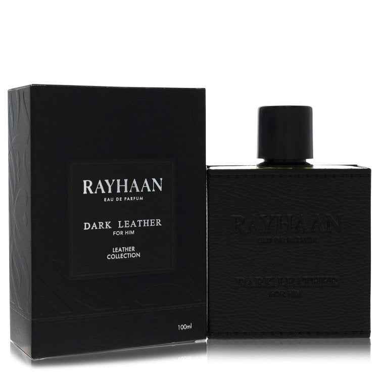 Rayhaan Dark Leather Eau De Parfum spray for men, 3.38 oz, featuring a sleek dark leather bottle design.