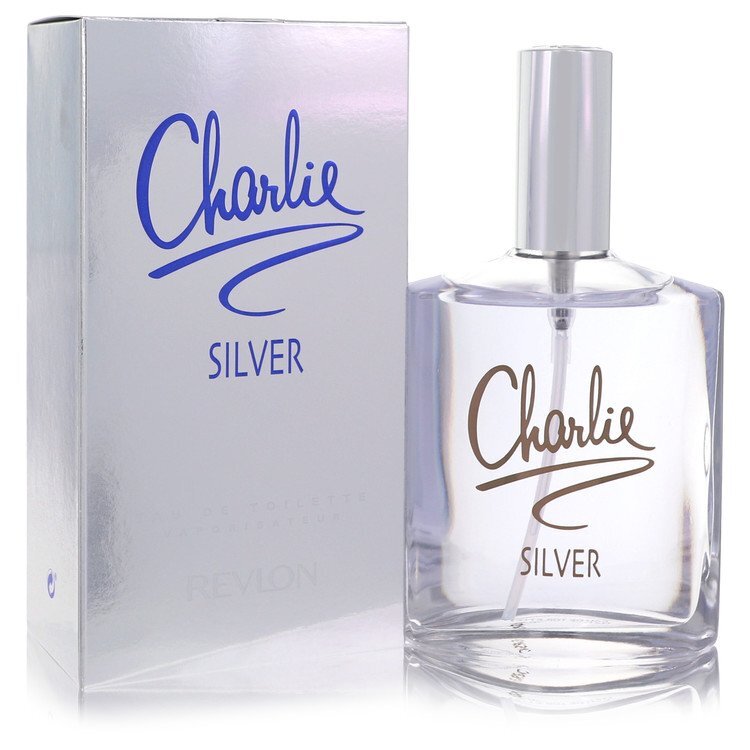 Revlon Charlie Silver Eau De Toilette Spray 3.4 oz bottle with a sleek design and silver accents.