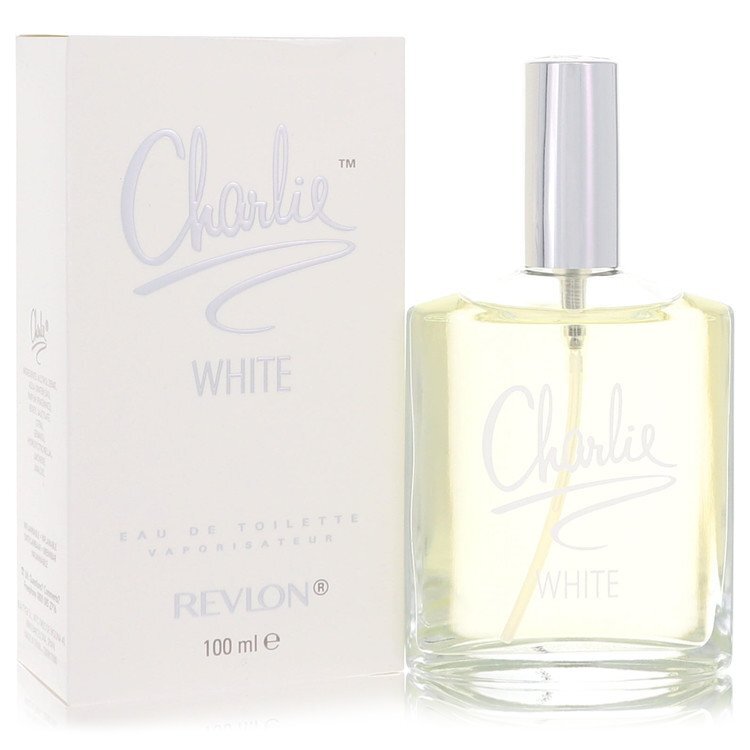 Charlie White by Revlon Eau De Toilette Spray bottle with a sleek design, featuring a clear glass and white cap.