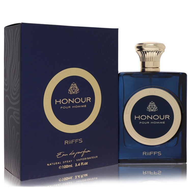 Riffs Honour Eau De Parfum Spray for Men, 3.4 oz bottle, featuring sleek design and masculine fragrance.