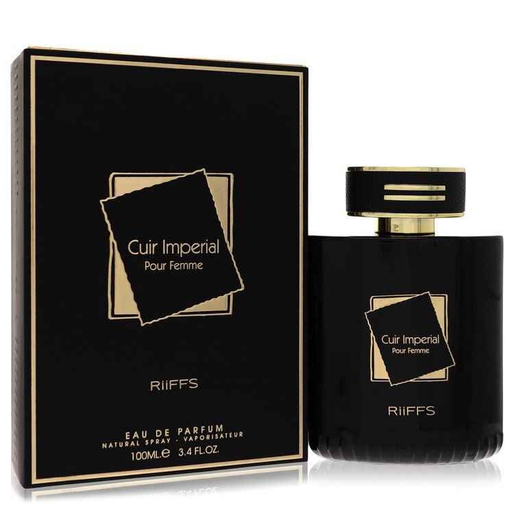 Riiffs Cuir Imperial Eau De Parfum spray for women, 3.4 oz bottle, featuring elegant fragrance and luxurious packaging.