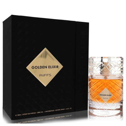Golden Elixir by Riiffs Extrait De Parfum spray for men and unisex, 3.4 oz, featuring a luxurious fragrance and elegant bottle.