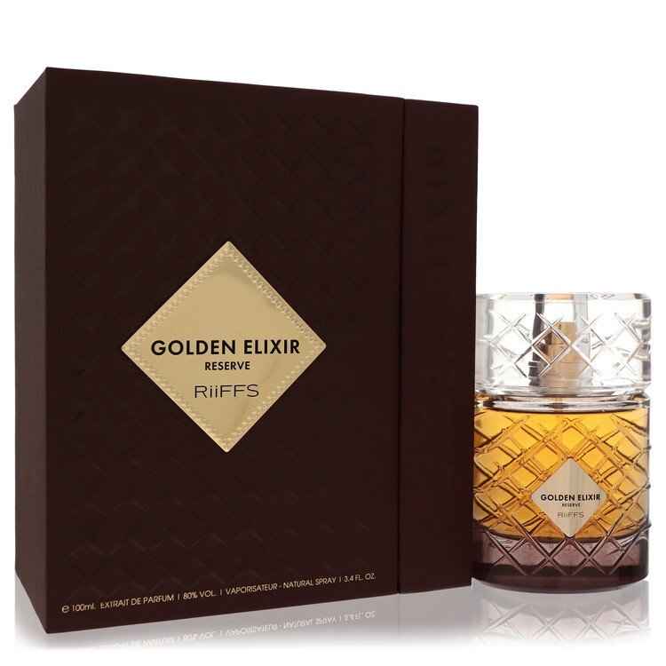 Riiffs Golden Elixir Reserve extrait de parfum spray for men and unisex, 3.4 oz, featuring a luxurious golden bottle design.