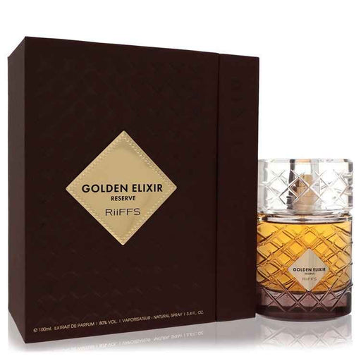 Riiffs Golden Elixir Reserve extrait de parfum spray for men and unisex, 3.4 oz, featuring a luxurious golden bottle design.