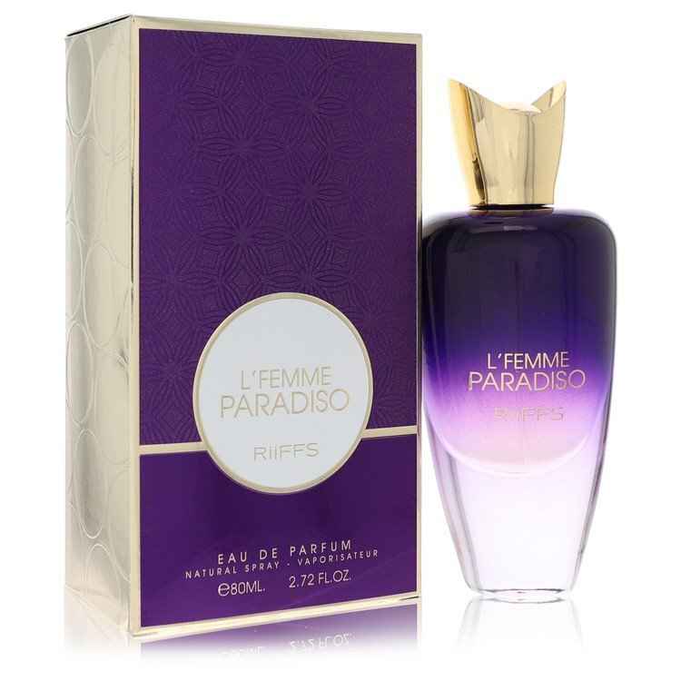 Riiffs L'femme Paradiso Eau De Parfum spray for women, 2.7 oz, featuring elegant bottle design and floral fragrance.