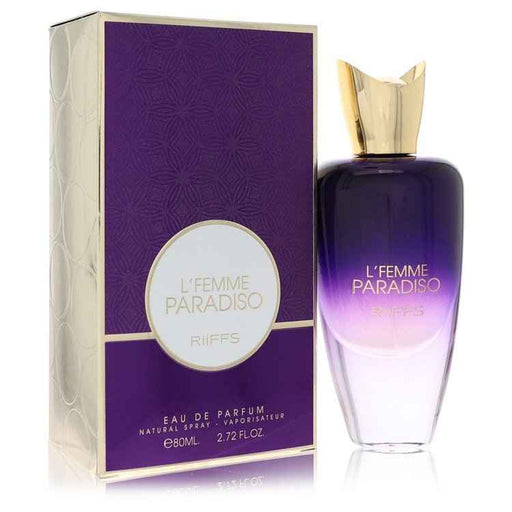 Riiffs L'femme Paradiso Eau De Parfum spray for women, 2.7 oz, featuring elegant bottle design and floral fragrance.
