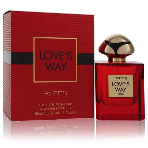 Riiffs Love's Way Eau De Parfum spray for women, 3.4 oz bottle with elegant packaging, showcasing floral and fruity scent notes.
