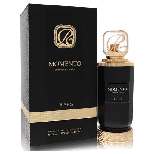 Riiffs Momento unisex parfum spray in 3.4 oz bottle, featuring elegant packaging and a sophisticated scent for men and women.